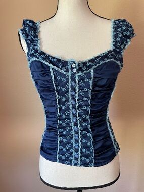 Vintage Bebe 100% Silk Floral Embroidered Corset Dainty Romantic Bustier Top M